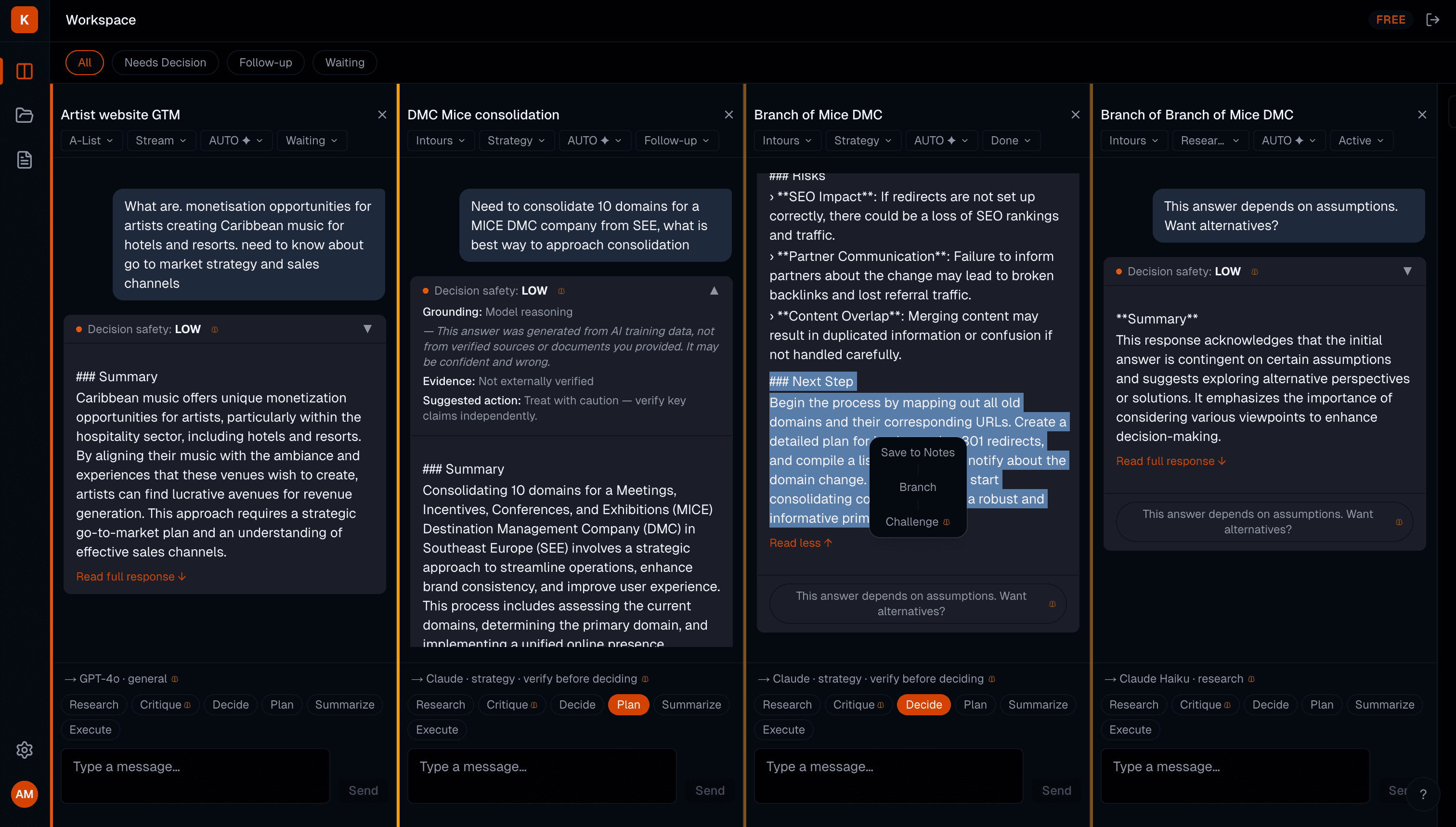 Koffein workspace — parallel AI chats with Decision Safety badges